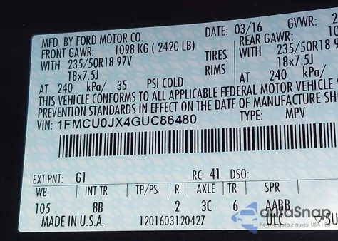 2016 Ford Escape Titanium from USA, damaged, VIN 1FMCU0JX4GUC86480